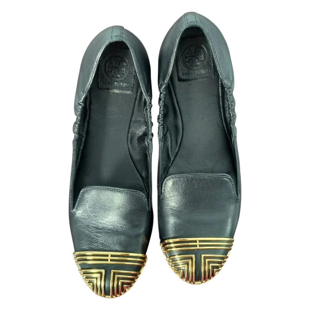 Tory Burch Charlee Black Leather Gold Toe Ballet Flat Shoes Size 7.5 Slip On